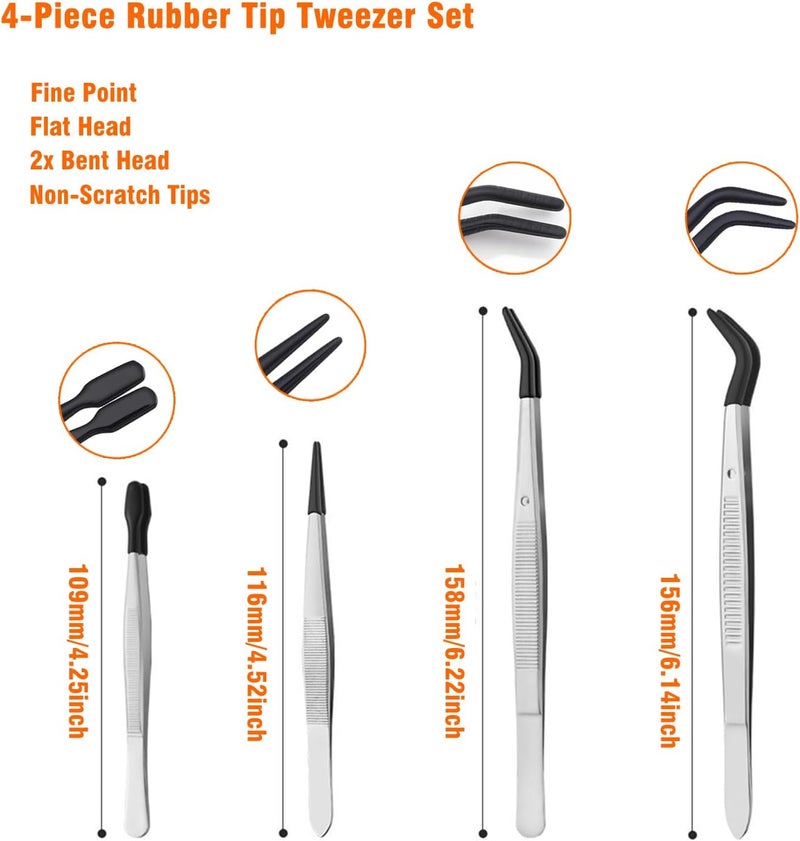 Allwin 4 Pcs Rubber Tip Tweezers Set, Non-Scratch PVC Coated Tips - Fine Point, Flat & Bent Head Tweezers for Crafts, Jewelry Making, Electronics, Eyelash Extensions - Image 2